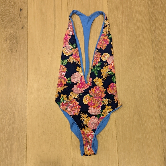 Floral Reversible Plunge Swimsuit - Picture 1 of 9
